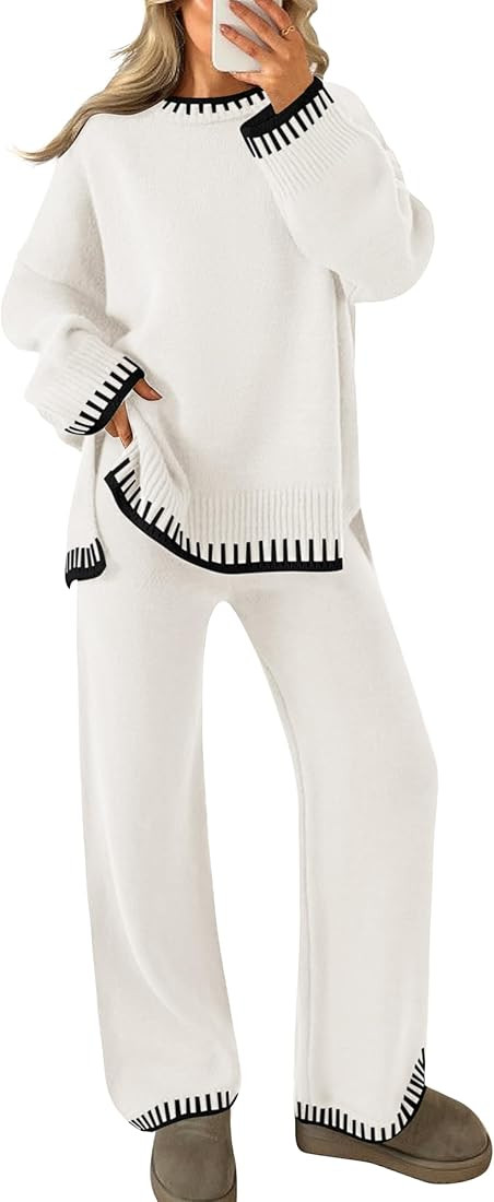 ZESICA Womens Casual 2 Piece Outfits Sweater Sets Long Sleeve Pullover Tops Wide Leg Pants Lounge... | Amazon (US)