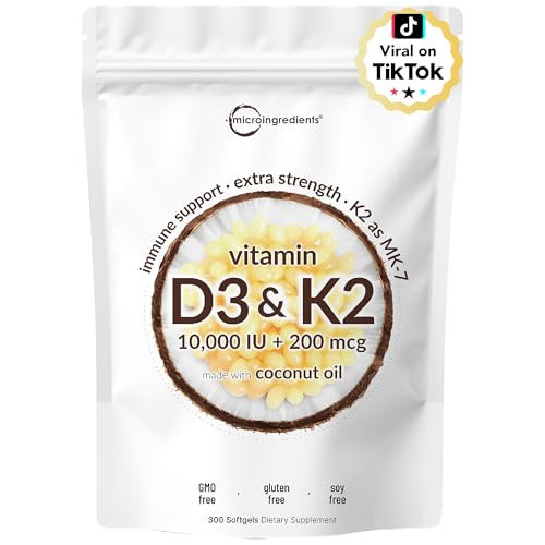 Micro Ingredients Vitamin D3 10,000 IU + K2 MK-7 200 mcg, 300 Softgels with Virgin Coconut Oil | 2-in-1 Vitamins D & K Complex | Extra Strength, Easy to Swallow, Non-GMO, Gluten Free | Amazon (US)