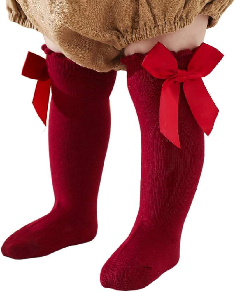 Baby Knee High Socks Newborn Ruffle Bow Socks Infant Long Sock Toddler Girls Uniform Stockings | Amazon (US)
