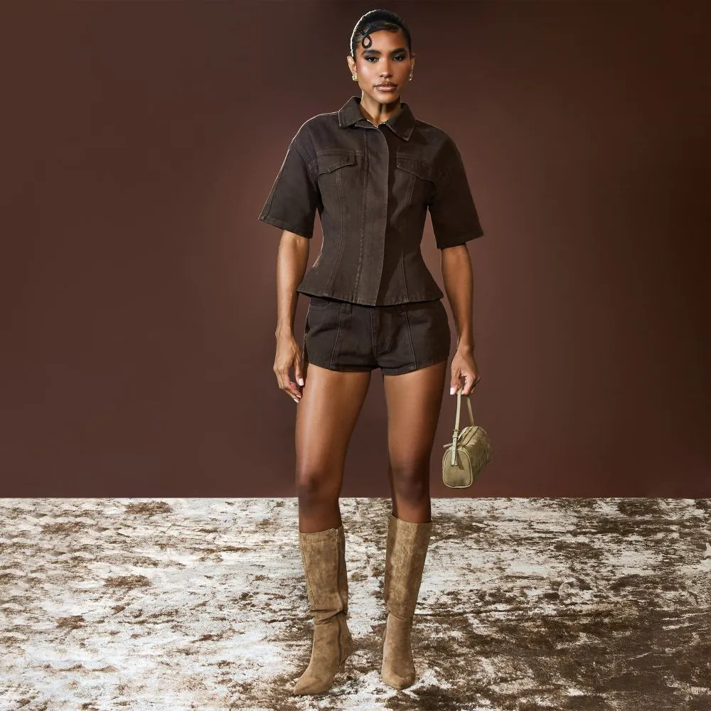 Short Sleeve Cinched Waist Detail Collared Top In Chocolate Brown Denim | EGO (UK)