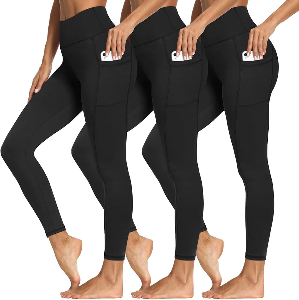 3 Packs Leggings with Pockets for Women, Soft High Waisted Tummy Control Workout Yoga Pants (Reg ... | Amazon (US)