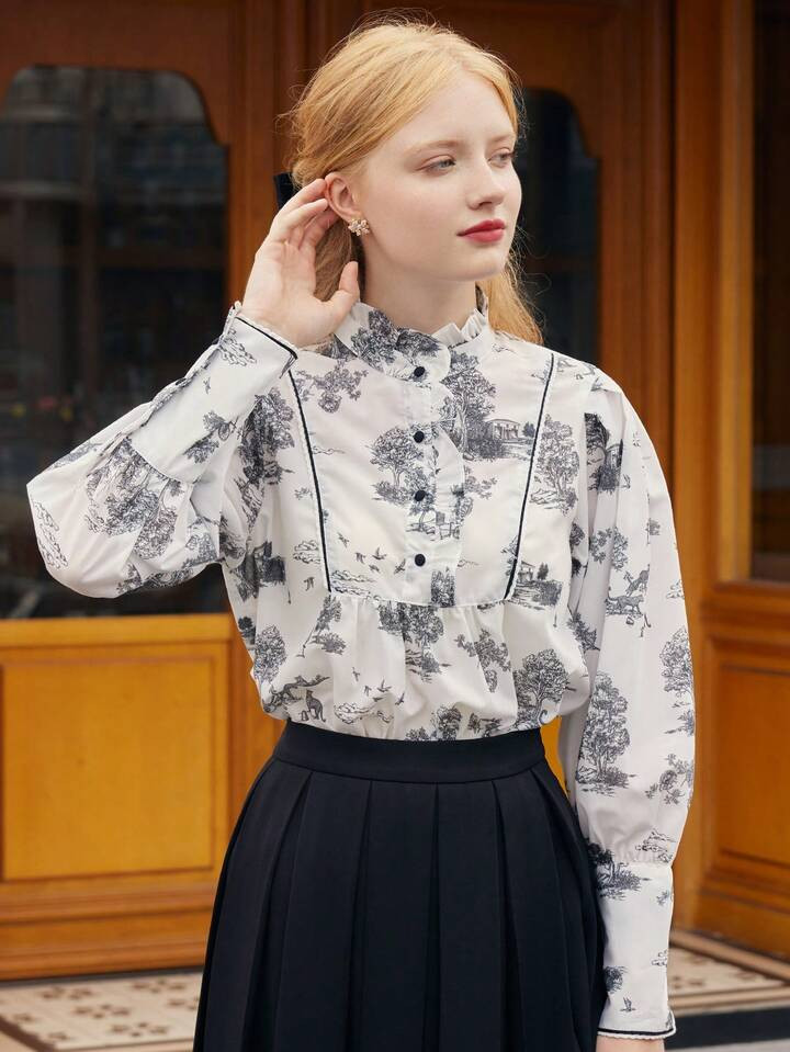 Simple Retro Floral Print Contrast Piping Button Front Shirt | SHEIN