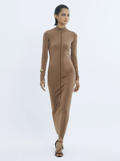 Reiss Camel Emilia Atelier High Neck Long Sleeve Dress | Reiss UK