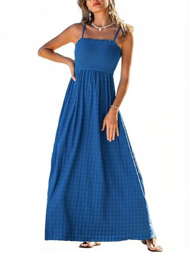 CUPSHE Women's Summer Beach Vacation Dress Boho Smocked Maxi Sundress Casual Long Flowy Spaghetti Strap Dresses Blue, M | Amazon (US)