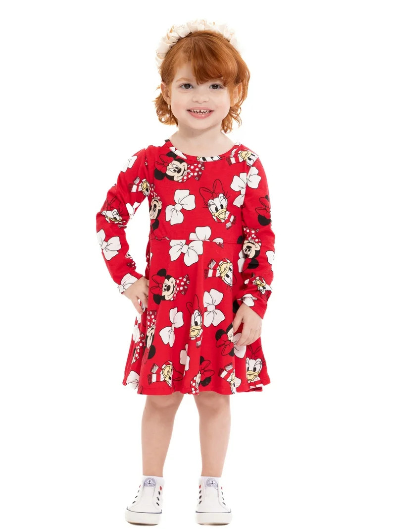 Minnie Mouse & Friends Toddler Girls Allover Print Dress with Long Sleeves, Sizes 12M-5T | Walmart (US)