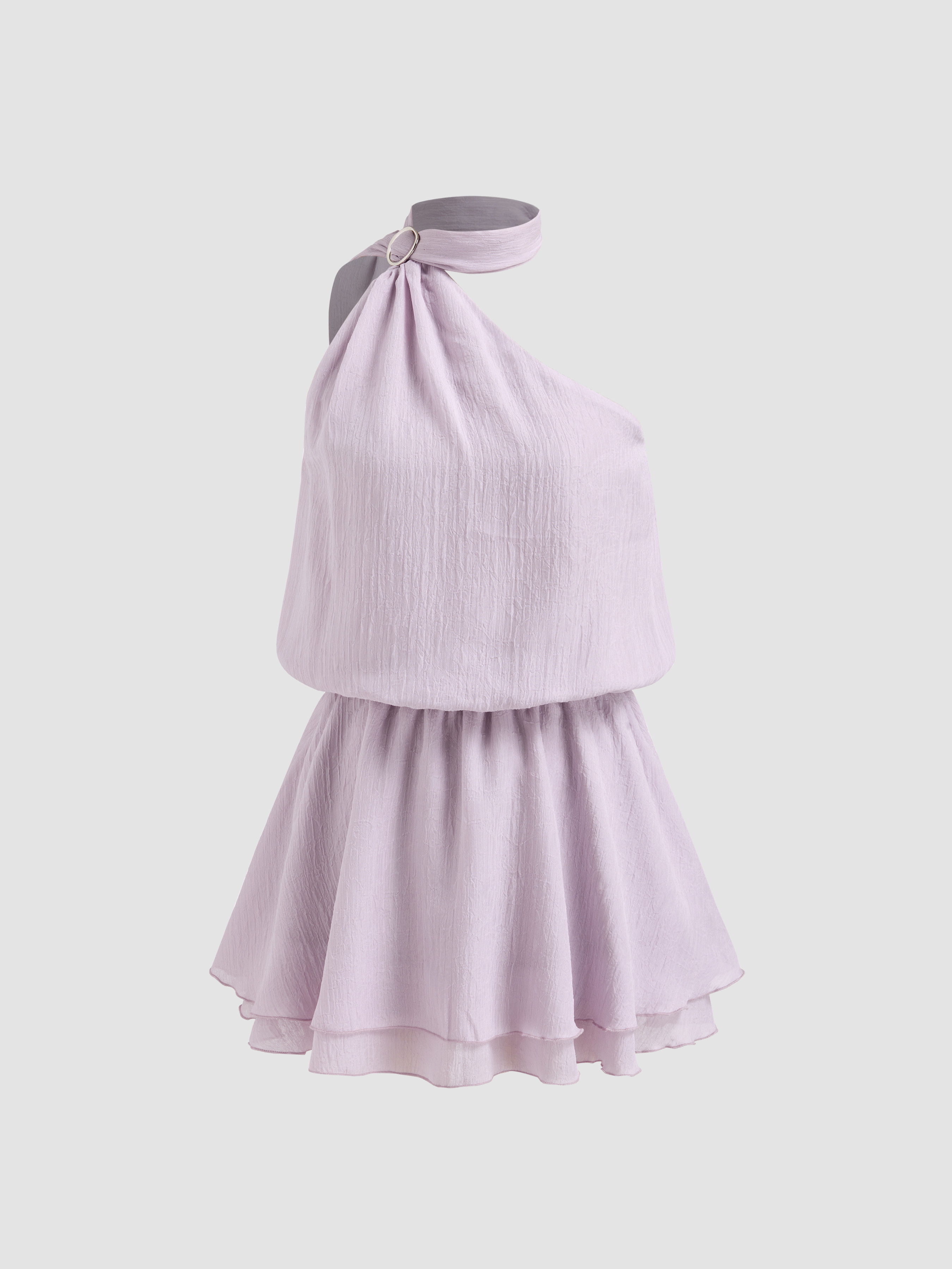 Woven Asymmetrical Neck Mental Detail Belted Layered Mini Dress With Scarf For Vacation | Cider