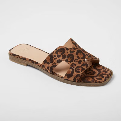 Women's Nina H-Band Slide Sandals - A New Day™ Brown 8.5: Leopard Spot, Open Toe, Block Heel | Target