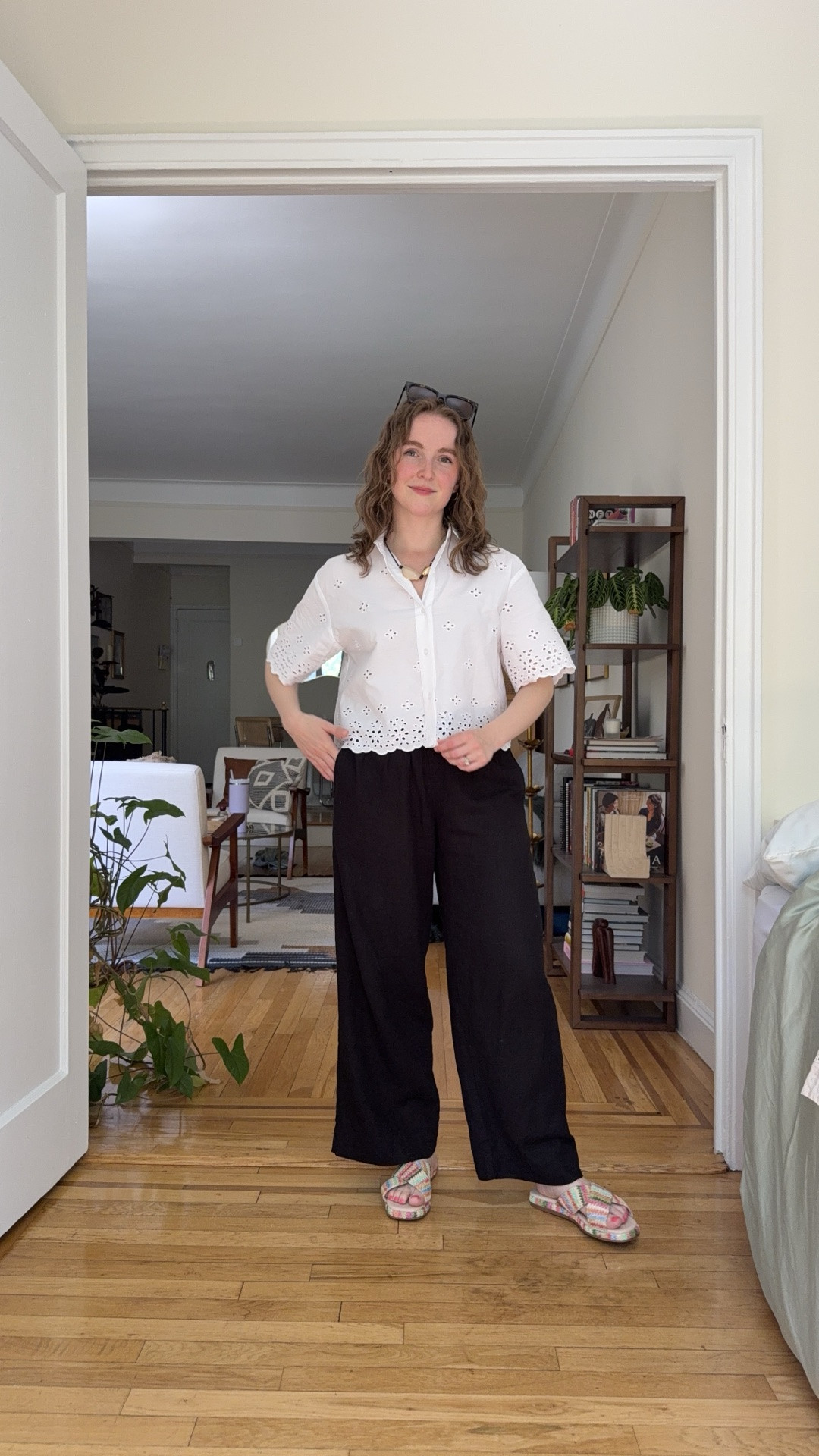 Comfy neutral outfit for vacation. Xs cotton eyelet top . Xs petite linen blend pants.

#LTKSaleAlert