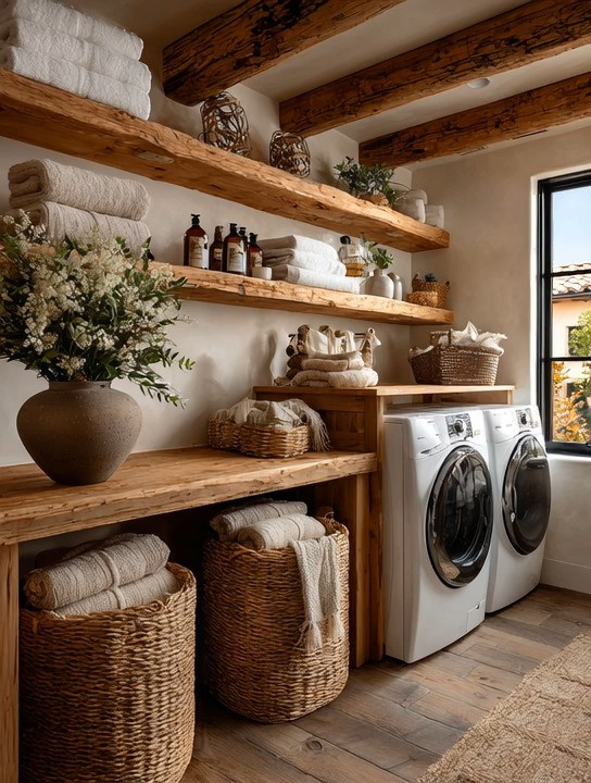 The secret to a perfectly organized laundry room isn't more cabinets. It's adding beautiful, visible storage.

One of our favorite upgrades is extra-thick wooden floating shelves.

Think about it. The laundry room is where we store everything that doesn't quite fit anywhere else—extra towels, laundry detergents, cleaning supplies, baskets, linens, stain removers, and all those everyday essentials we stock up on.

Instead of hiding everything behind doors, create a space that's both functional and beautiful.

Extra-thick floating shelves instantly add warmth, character, and valuable storage. They give you room to neatly organize your essentials while creating opportunities to style the space with woven baskets, glass jars, folded towels, greenery, and decorative accents.

The key is thickness.

Thin shelves often feel unfinished. Thick natural wood shelves bring presence, grounding energy, and that custom-designed look you see in luxury homes.

✨ More storage
✨ Better organization
✨ Beautiful visible display space

A well-designed laundry room makes everyday tasks feel a little more enjoyable.

And sometimes, that's the upgrade that matters most.

#HomeOrganization #ElegantAndDriven #FloatingShelves #LaundryRoomIdeas #HomeDecor 

 #LTKHome