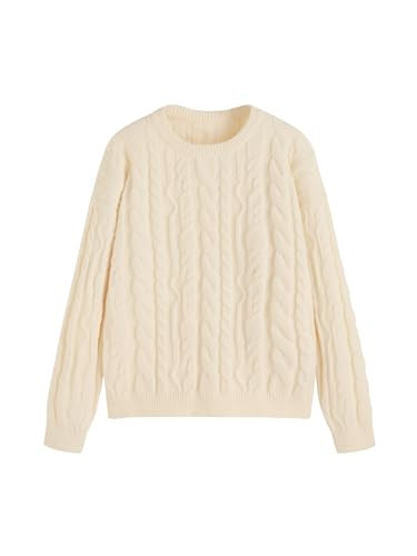 CIDER Cable Knit Round Neckline Long Sleeve Sweater Cream | Amazon (US)
