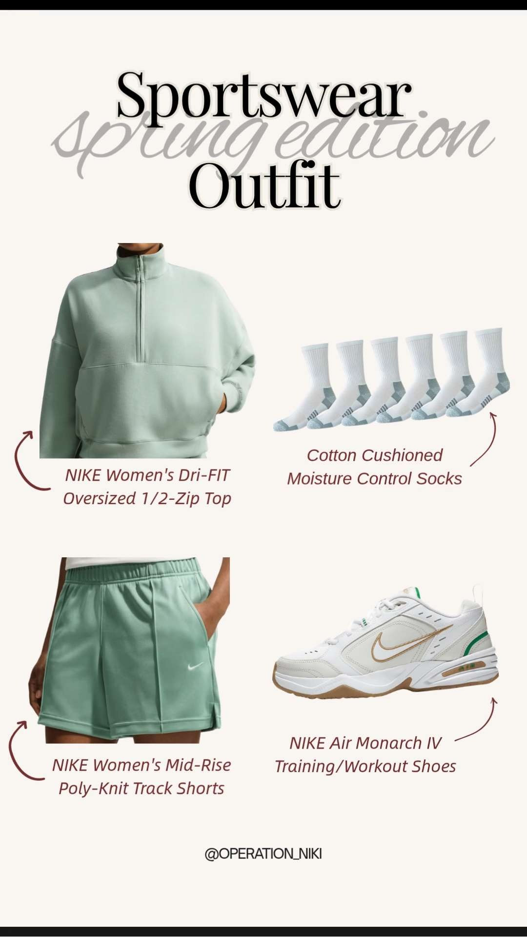 Spring is here, and I am refreshing my activewear collection with some soft, seasonal tones! 🌿Finding the right balance between comfort and functionality, This NIKE Dri-FIT Oversized 1/2-Zip Top is the perfect layer for those crisp spring mornings, especially when paired with the Mid-Rise Poly-Knit Track Shorts. To finish the look, I always go for reliable comfort with Cotton Cushioned Moisture Control Socks and the classic NIKE Air Monarch IV trainers. Whether you're heading to a workout or just running errands, this outfit keeps you feeling cool and put-together.

Follow for more @OPERATION_NIKI on IG, TikTok, & Facebook

#NikeSportswear #SpringOutfit #ActivewearStyle #SpringRefresh #OperationNiki #WorkoutReady #NikeAirMonarch #SageGreen #SpringFashion #ComfortFirst #FitnessInspo 

 #LTKootd #LTKfitnessgoals