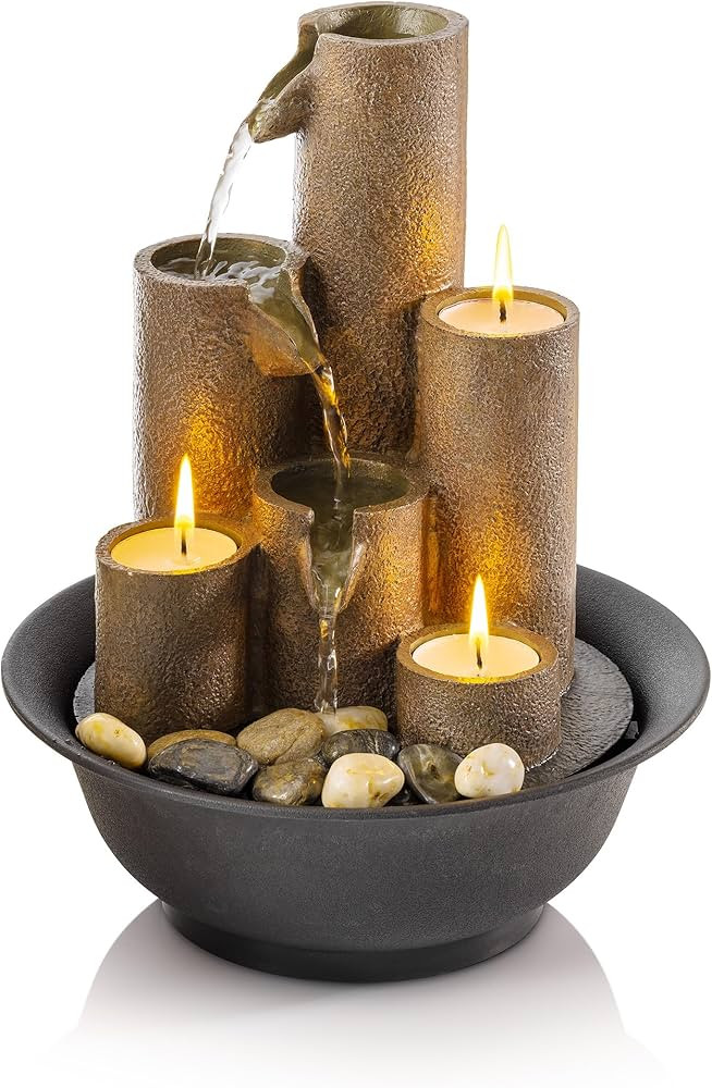 Alpine Corporation 28 cm Tall Tabletop Tiered Indoor Water Fountain with 3 Candles, Brown | Amazon (UK)
