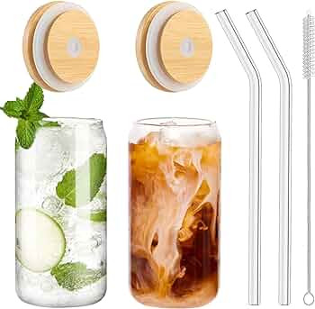 WISIMMALL Drinking Glasses with Bamboo Lids and Glass Straw 2PCS Set, 16oz Glass Cups with Lids a... | Amazon (US)