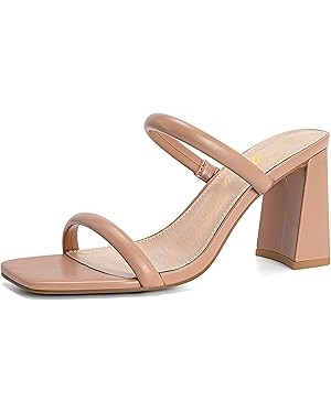 Athlefit Women's Square Open Toe Two Strap Heeled Sandals Slip On Block Chunky Heels Sandals | Amazon (US)