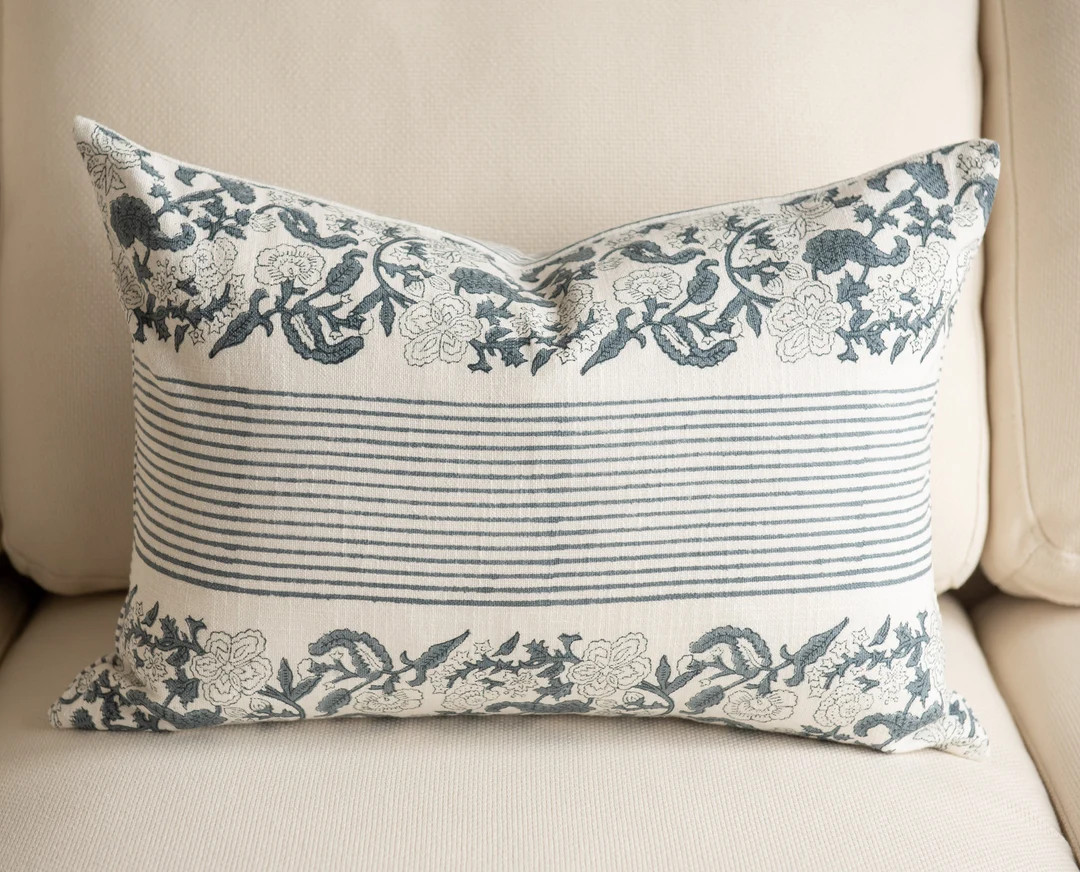 14x20 Block Print Pillow White Floral Pillow Cover 14x20 - Etsy | Etsy (US)