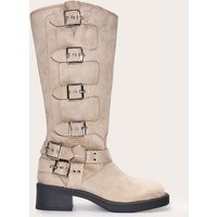 Cream Faux Suede Round Toe Multi Buckle Harness Knee High Boots | PrettyLittleThing US