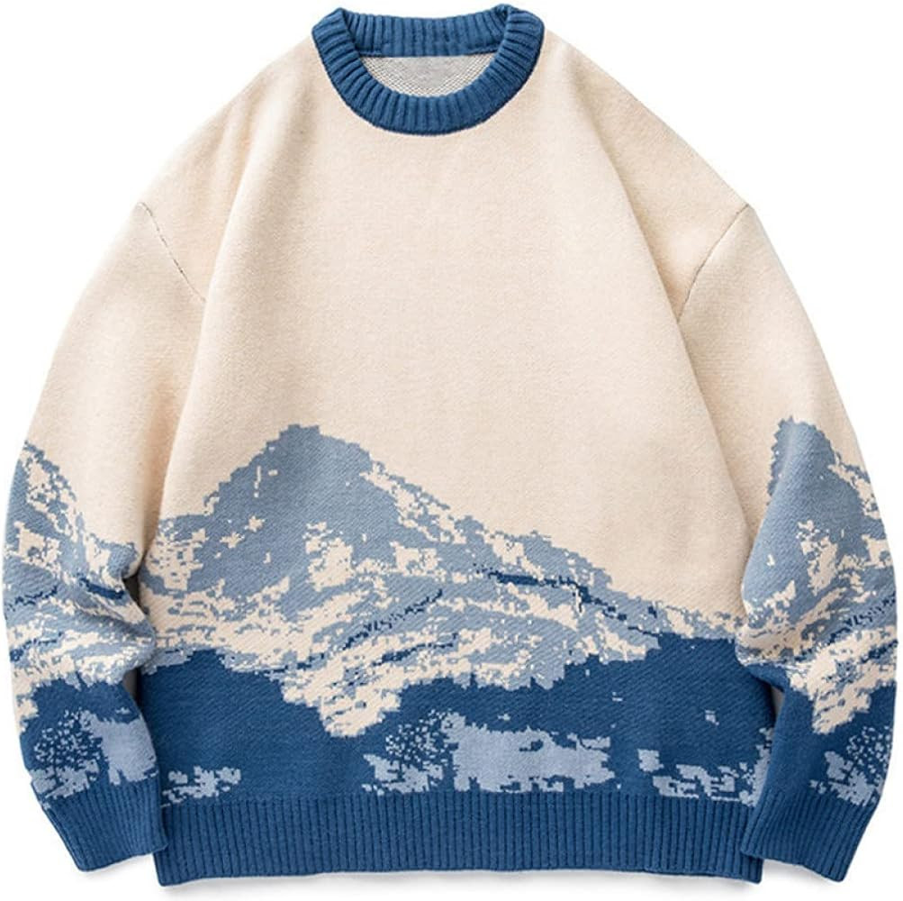 Men's Jumpers - Men Hip Hop Streetwear Harajuku Sweater Vintage Japanese Style Snow Mountain Knit... | Amazon (UK)