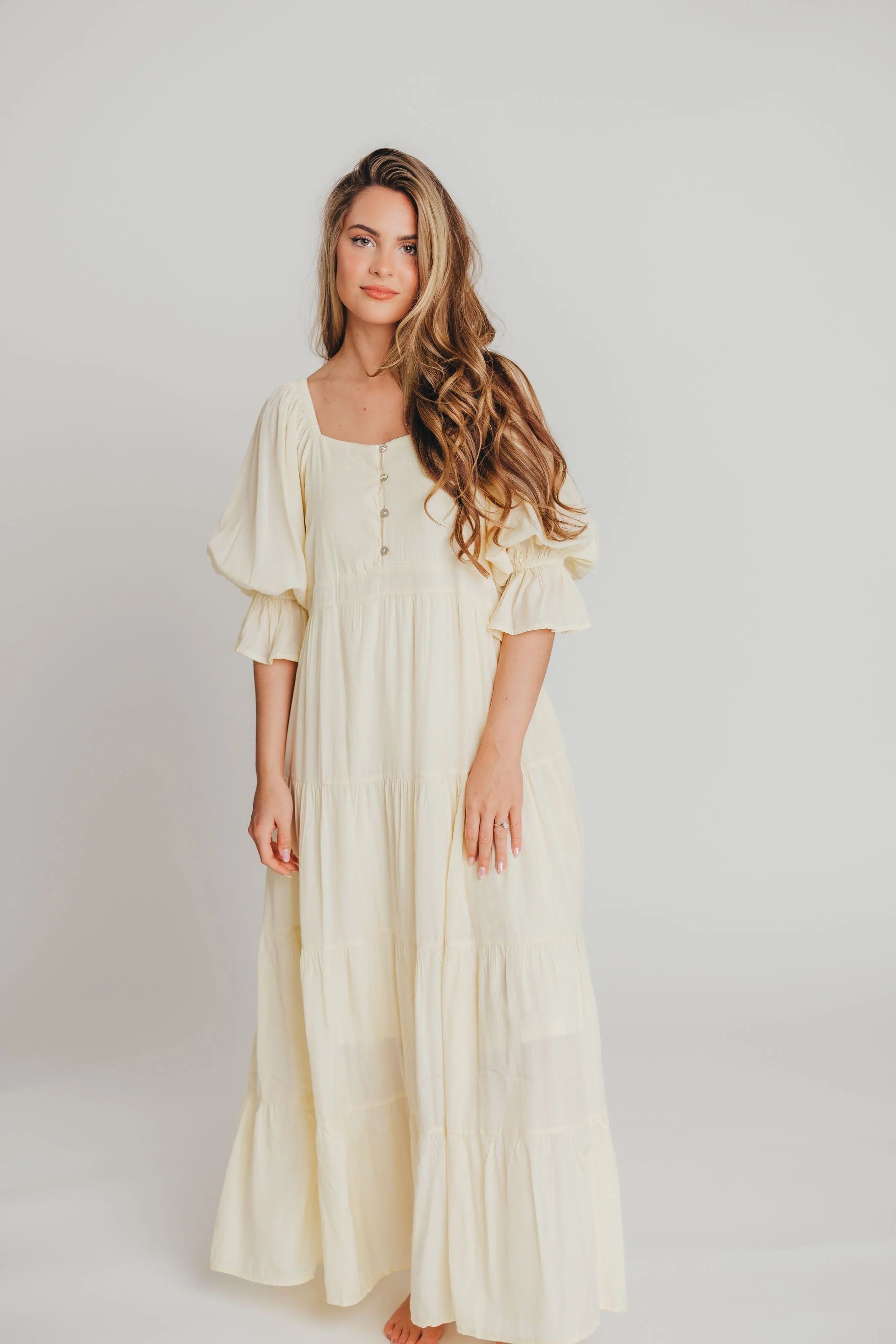 Enya Button Front Maxi Dress in Champagne - Maternity and Nursing Frie | Worth Collective