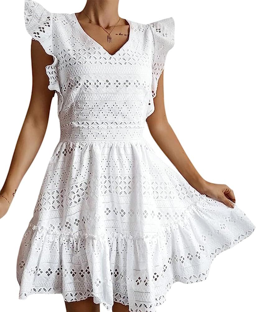GRACEVINES Womens Elegant Embroidery V Neck Cap Sleeves Summer Ruffle A-Line Mini Short Dress | Amazon (US)