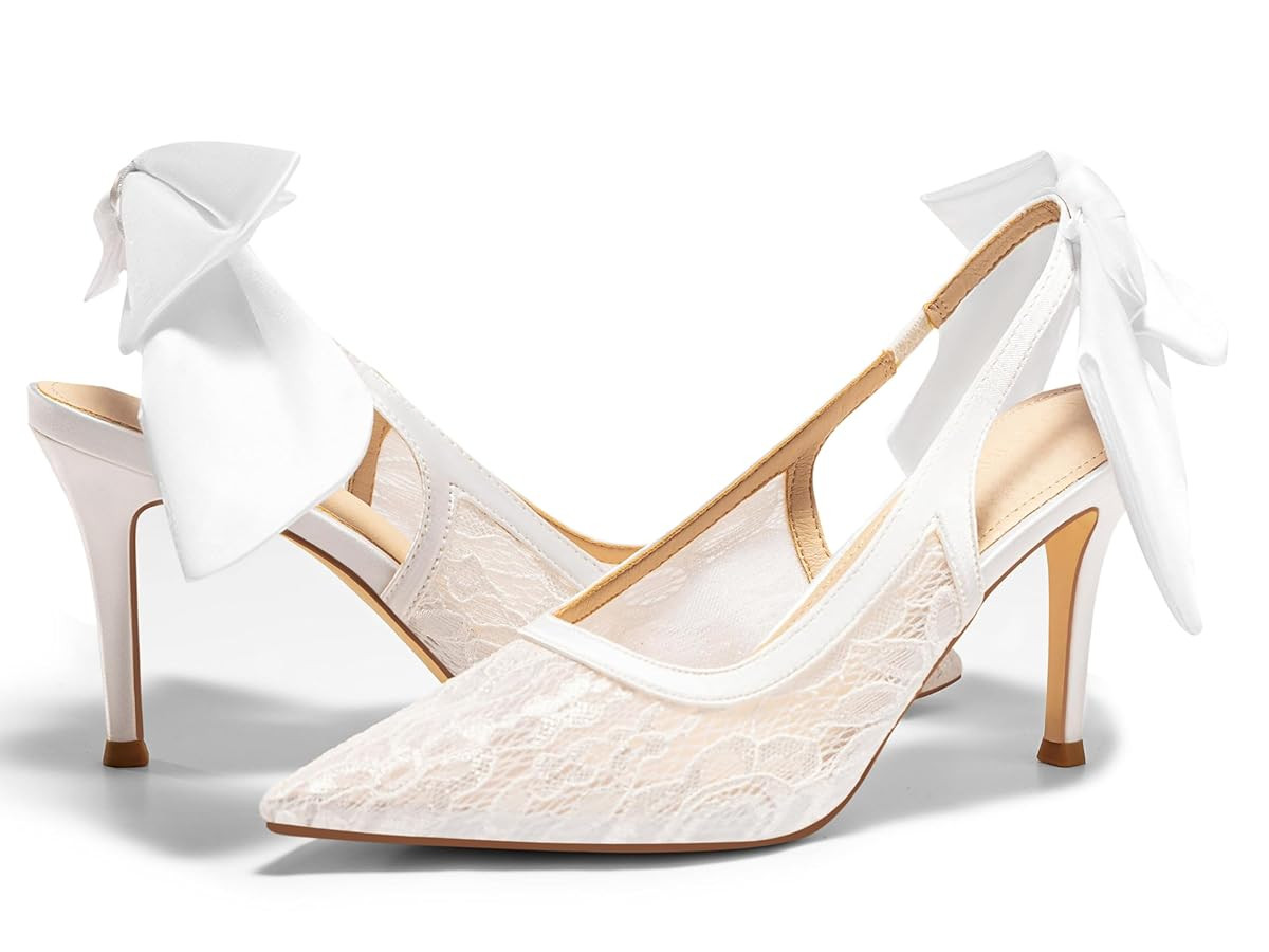 Coutgo Womens Slingback High Heels Bow Closed Pointed Toe Lace Patchwork Party Dress Shoes | Amazon (US)