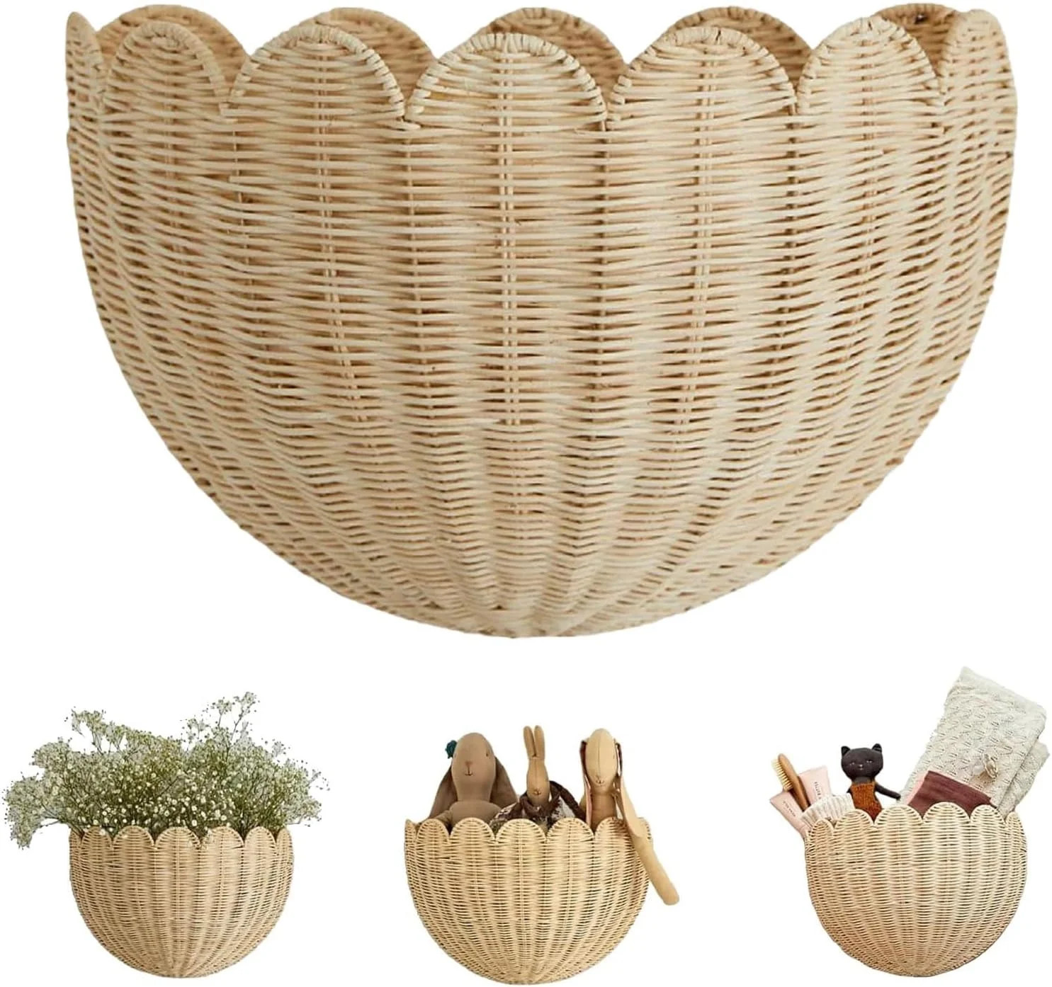 Scalloped Wall Basket,Handmade Woven Wicker Hanging Basket with Metal Frame for Wall Storage & Ho... | Walmart (US)