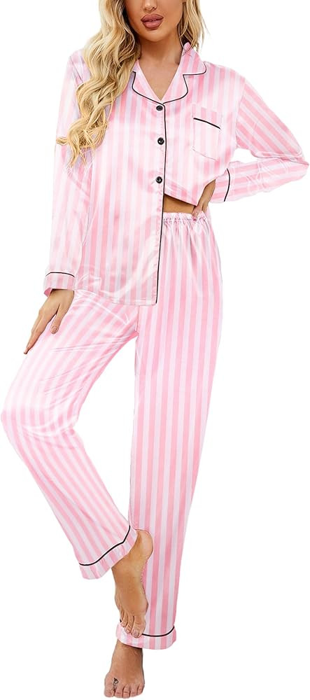 Ekouaer Women's Classic Button Down Long Satin Silk Pajama Set | Amazon (US)