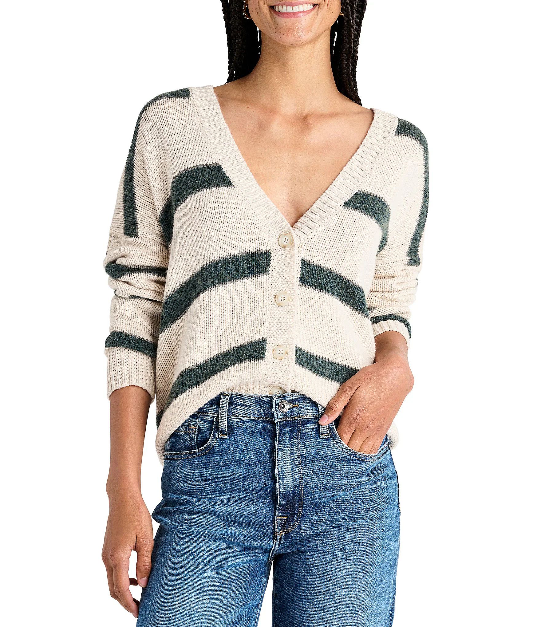 Kenny Striped Print Long Sleeve Dropped Shoulder V-Neck Cardigan | Dillard's