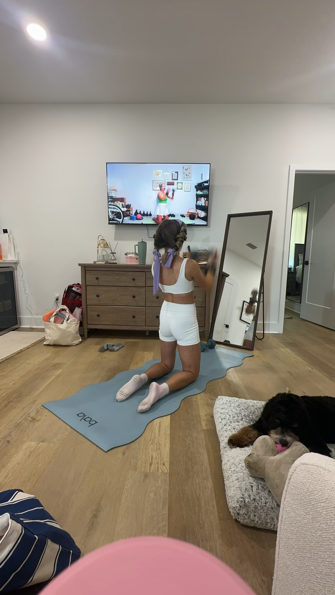 @abercrombie  size XS. YPB studioFLEX Scrunch Sports Bra

Our slim-fitting sports bra in our studioFLEX active fabric. Our studioFLEX fabric is lightweight, buttery soft and nonrestrictive providing a barely there feel, it moves with you during low impact activity and is also great for all-day wear. Features scrunch detail and removable pads. YPB studioFLEX Bike Short

Our ultra high rise active 5 inch (13 cm) bike shorts in our studioFLEX fabric. Designed to hold you in, our studioFLEX fabric is lightweight, buttery soft and nonrestrictive providing a barely there feel, it moves with you during low impact activity and is also great for all-day wear. Features a smoothing waistband with no center front seam and flattering V-shaped back seaming detail

My workout and workout gear for my daily workout. I take pilates classes from @lexfish on Instagram she has a whole online platform and membership! Most of my pilates gear and tools are from Bala. Bala use code SLOANE15. 
#workoutgear #workoutwear #pilates #ootd #outfit #athleticwear #athleticoutfit #bikershorts #sportsbra #pilatesoutfit #athleisure #bala #pilatesworkout #pilateslovers #pilatestiktok #balabangles

#LTKmorningroutine #LTKfitnessgoals #LTKActive