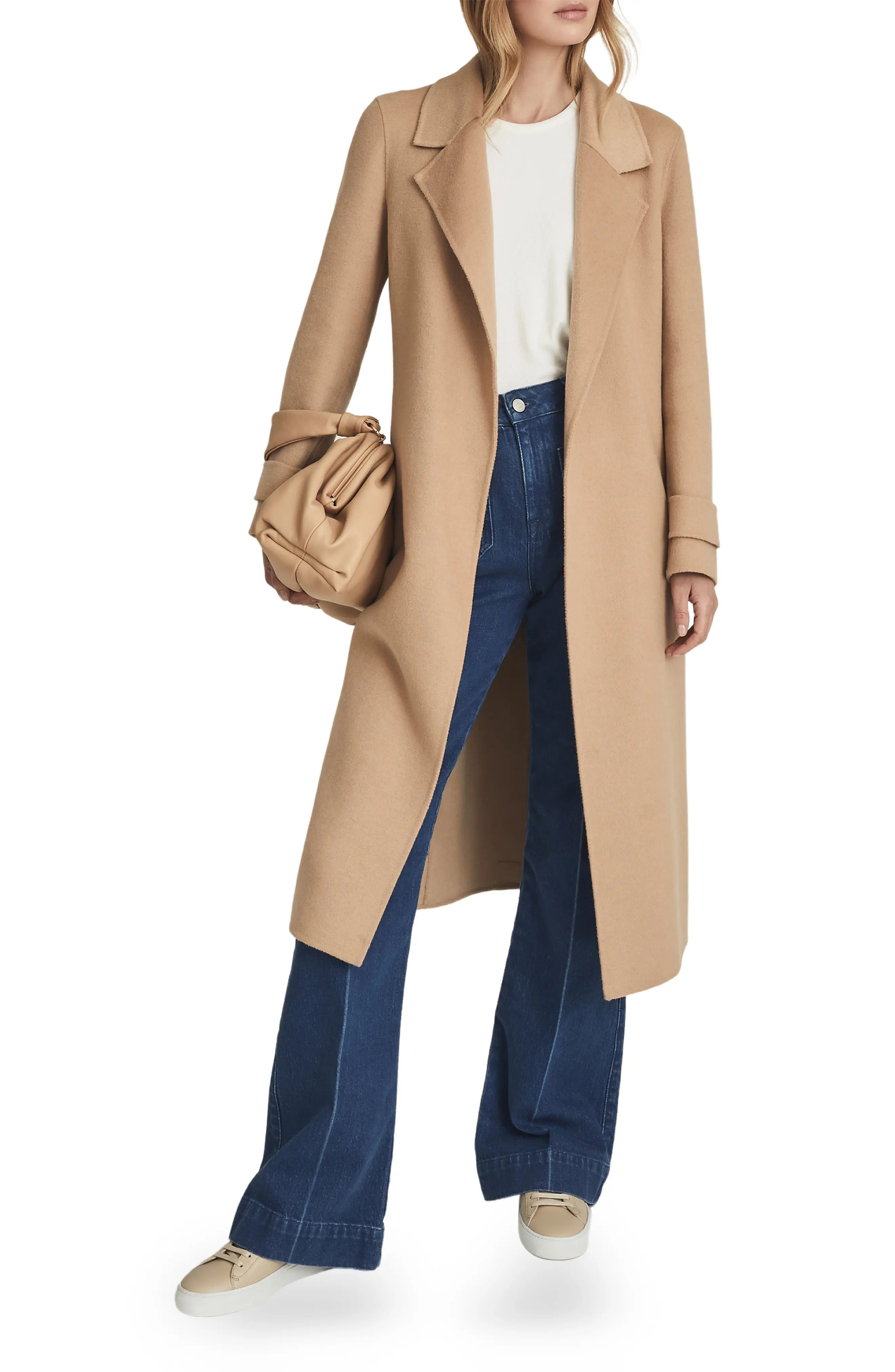 Reiss Leah Wool Blend Wrap Coat, Size 14 Us in Camel at Nordstrom | Nordstrom