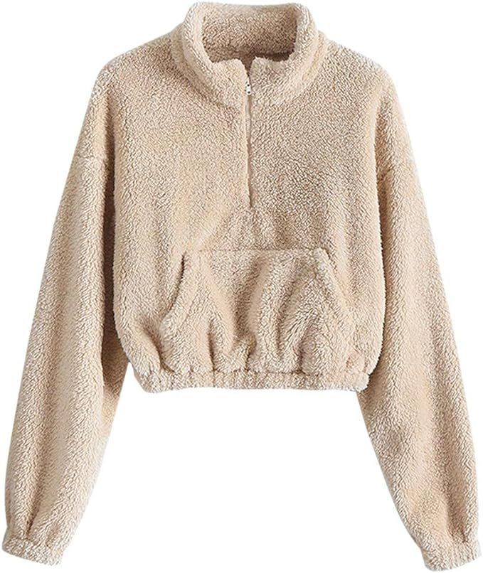 ZAFUL Women's Faux Fur Half Zip Fuzzy Sweatshirt Warm Fleece Crop Sherpa Pullover Tops | Amazon (US)