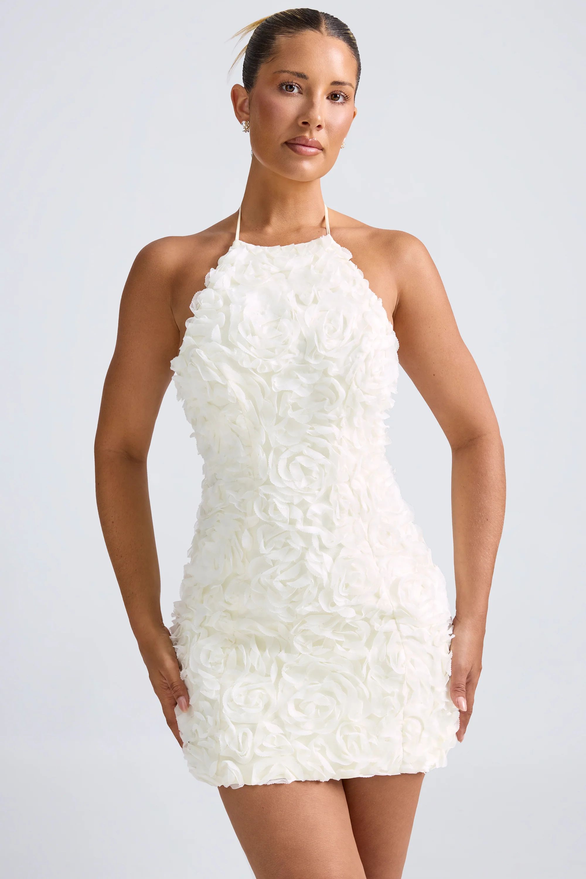 Floral-Appliqué Halterneck A-Line Mini Dress in White | Oh Polly