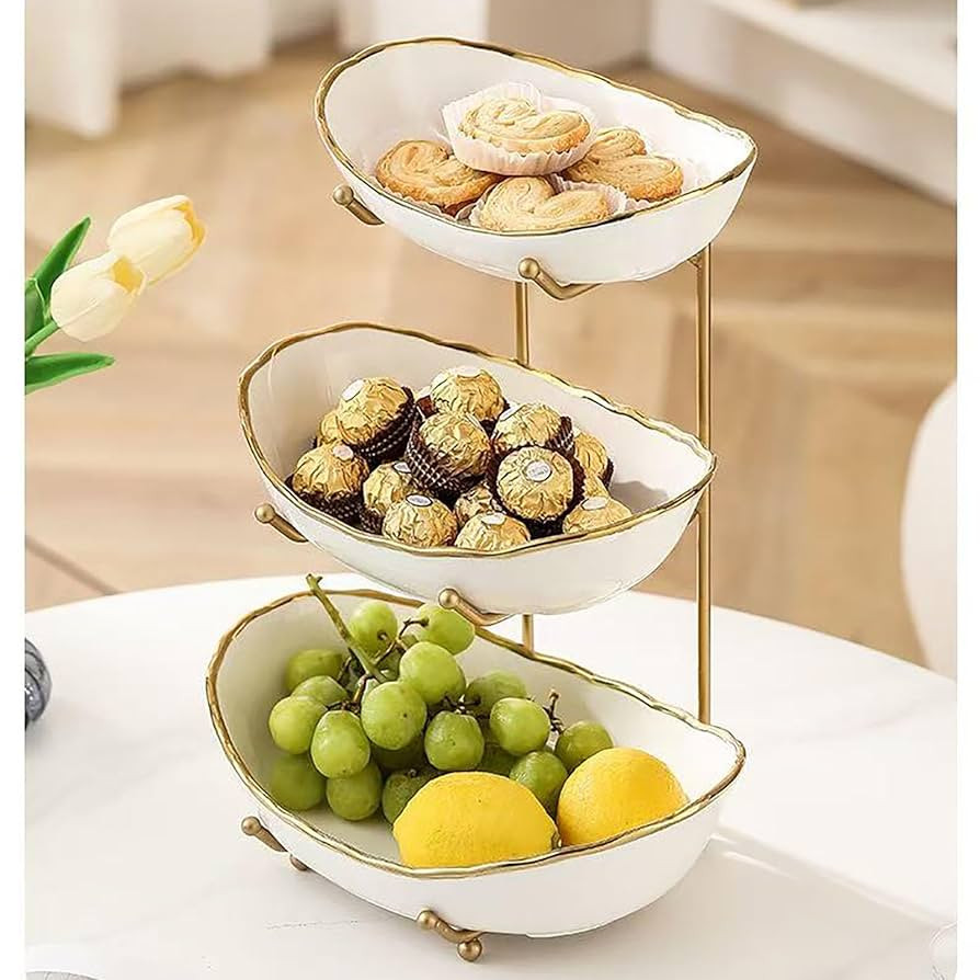 3-Tier Fruit Bowls for Kitchen Counter,Ceramic White Bowl with Gold Metal Stand,3 Tier Fruit Bask... | Amazon (US)
