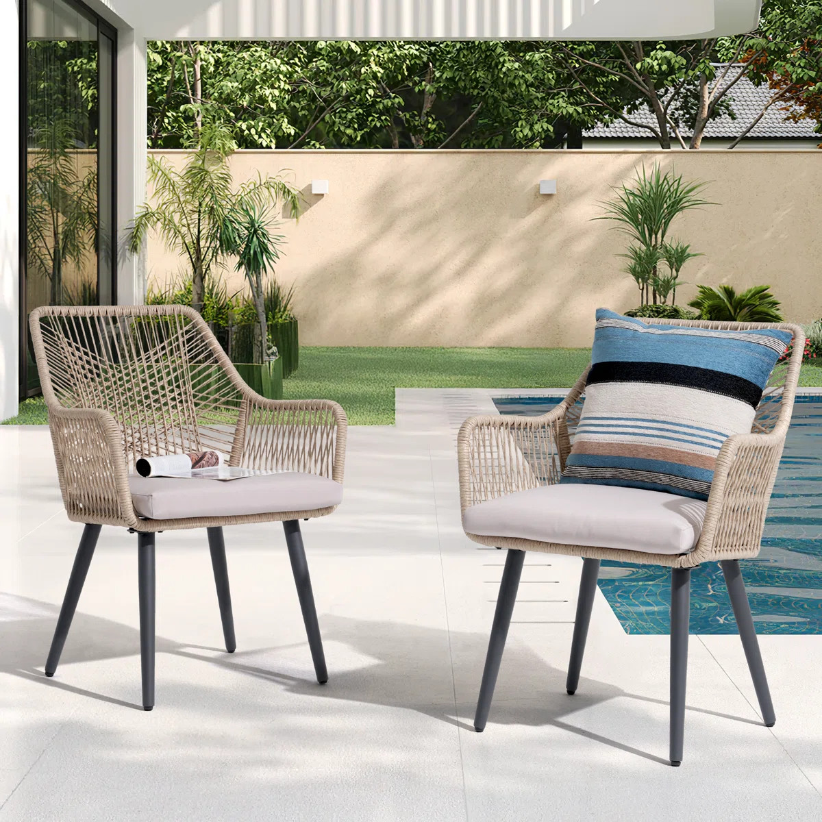 Rattan Patio Dining Chair with Cushions  (Set of 2) | Wayfair North America