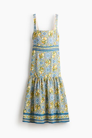 H & M - Linen-Blend Tie-Detail Dress - Blue/Lemons | H&M (US + CA)
