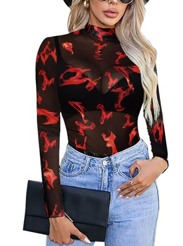 Women Mesh Top Floral Mesh Long Sleeve Tops Mock Neck See Through Tops Fitted Sexy Going Out Tops | Amazon (US)