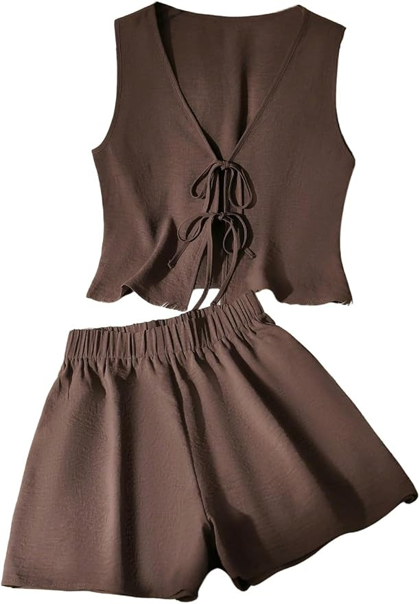 GORGLITTER Women's 2 Piece Shorts Sets Tie Front Crop Tank Top and Shorts Outfits Beach Vacation ... | Amazon (US)