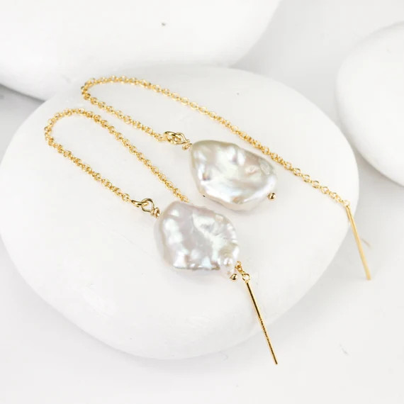 Stunning Keshi Pearl Threader Earrings Modern Long Gold | Etsy | Etsy (US)