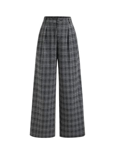 CIDER Plaid Wide Leg Pants for Women with Pockets Mid Waist Checkered Pants Business Casual Trousers Trendy: Black, M | Amazon (US)