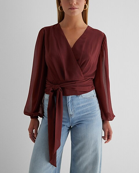 V-Neck Faux Wrap Tie Waist Top | Express