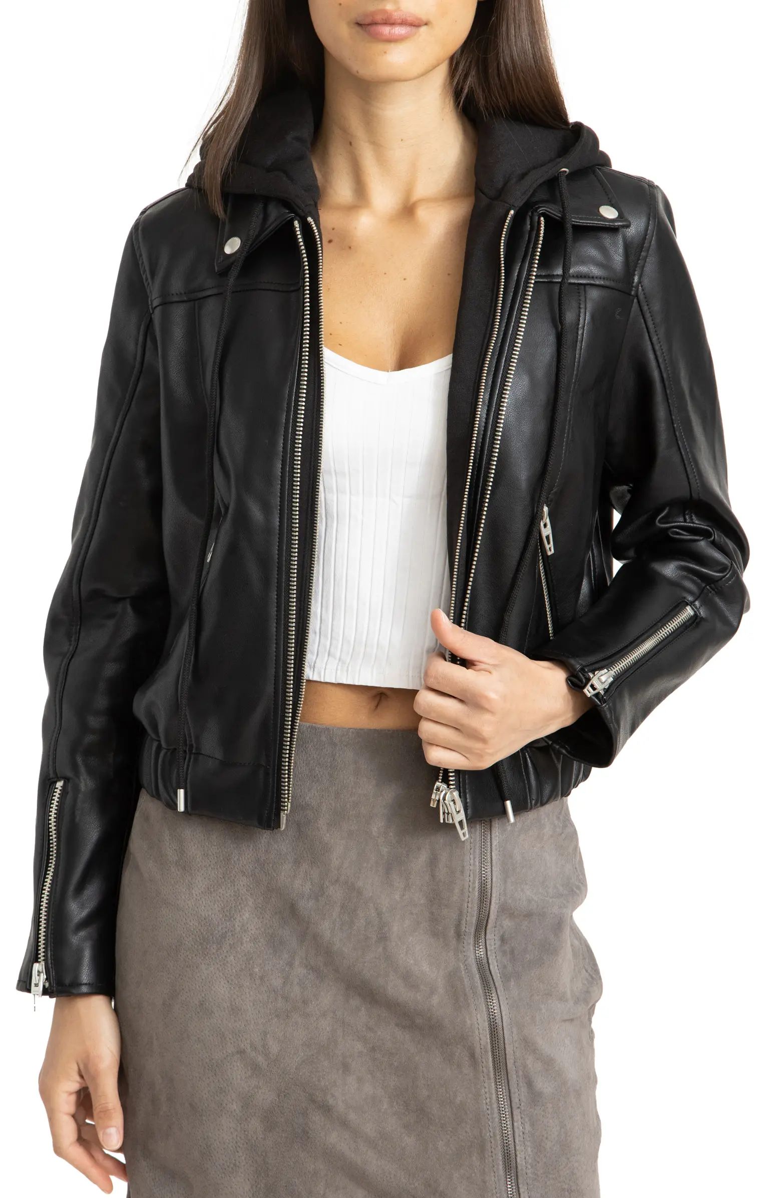 Faux Leather Bomber Jacket with Removable Hood | Nordstrom Rack