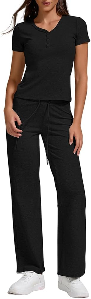 ZFLM Women 2 Piece Lounge Set Half-Button Short Sleeve Crop High Waist Drawstring Wide Leg Pants ... | Amazon (US)
