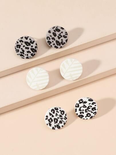 3pairs Leopard Print Round Stud Earrings | SHEIN