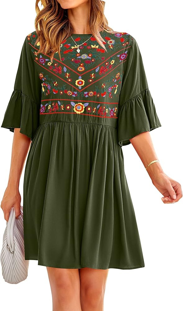 KIRUNDO 2023 Summer Women Bell Sleeve Floral Embroidered Mini Babydoll Dress Boho Casual Round Ne... | Amazon (US)