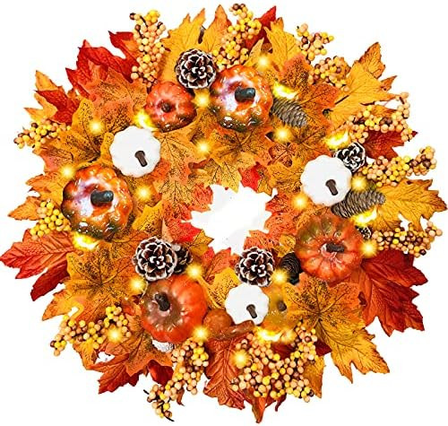 20" Prelit Fall Wreath for Front Door with Timer 20 Warm Light Fall Decor Pumpkin Maples Leaf Pine C | Amazon (US)