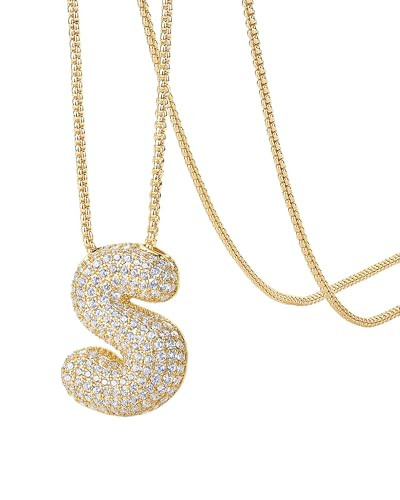 PAVOI 14K Yellow Gold Plated Cubic Zirconia Initial Necklace for Women - Bubble & Balloon Letter Pendant - Chunky Necklace - Letter S | Amazon (US)