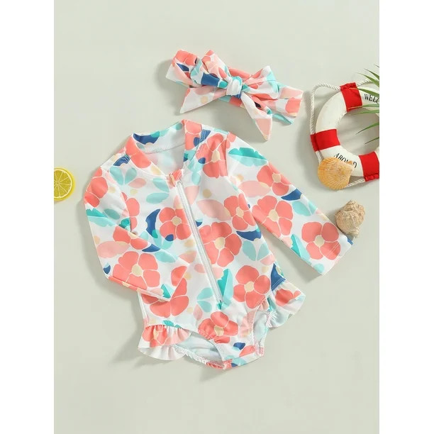 Kids Baby Girls Swimsuit One Piece Floral Zipper Ruffle Bathing Suit Rash Guard Swimwear Summer B... | Walmart (US)