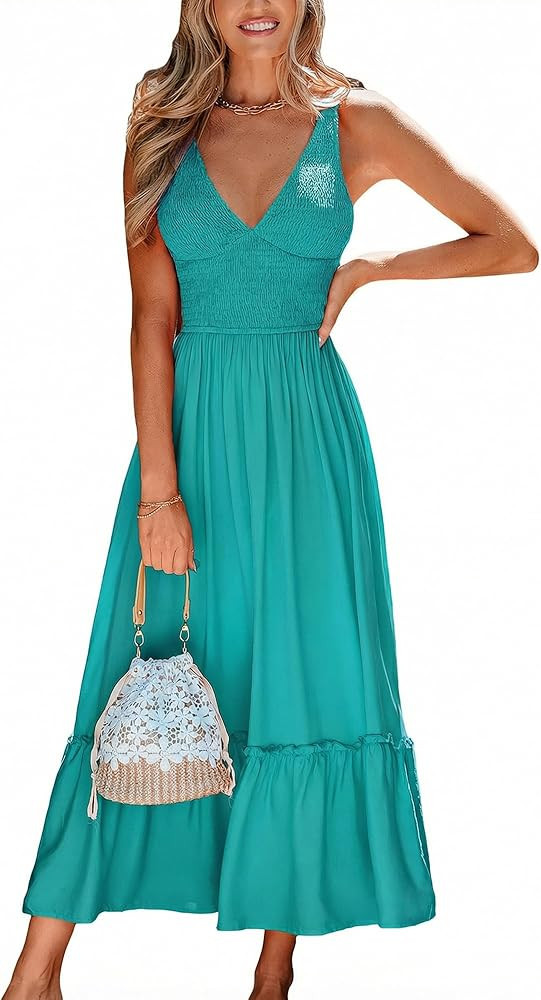 CUPSHE Womens Maxi Dresses Plunging V Neck Sleeveless Smocked Casual Summer Outfit Ruffled Beach ... | Amazon (US)