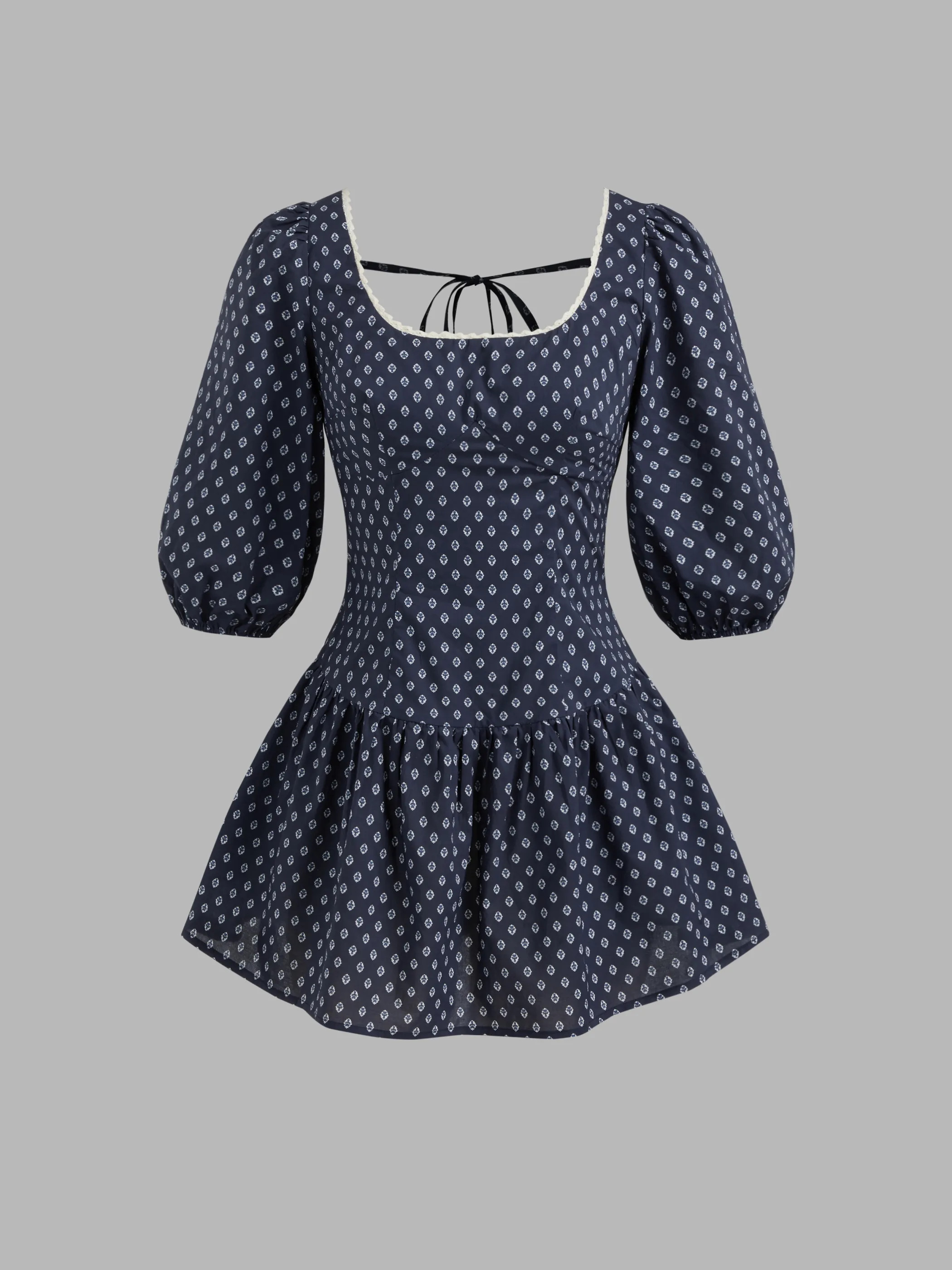 Woven 100% Cotton Geometric Lettuce Trim Ruffle Mini Dress For Daily Casual | Cider