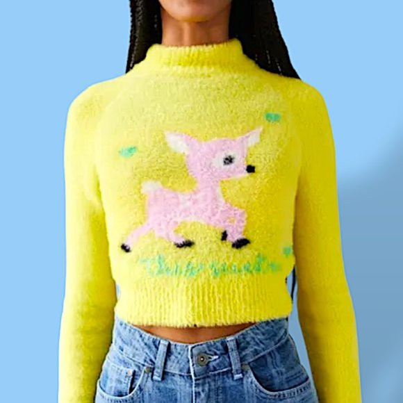 Urban Outfitters NWT Cleo lime yellow deer cropped fuzzy furry sweater womens S | Poshmark