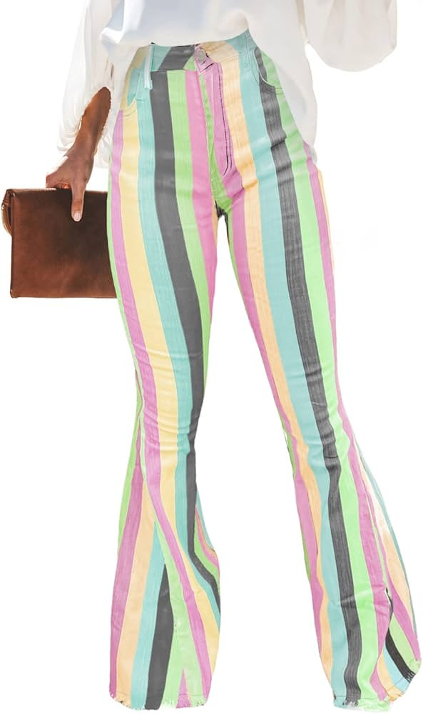 Sidefeel Womens Striped Bell Bottom Jeans Raw Hem Flared Denim Pants | Amazon (US)